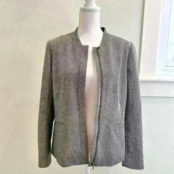 Talbots Luxe Knit Black & White Herringbone Stand Collar Zip Front Blazer - Picture 11 of 12